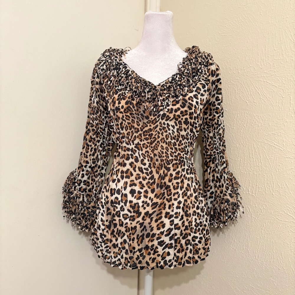 Agora Leopard Print Fringe Trim Crinkle Confetti Bell Sleeve Blouse L Boho Retro
